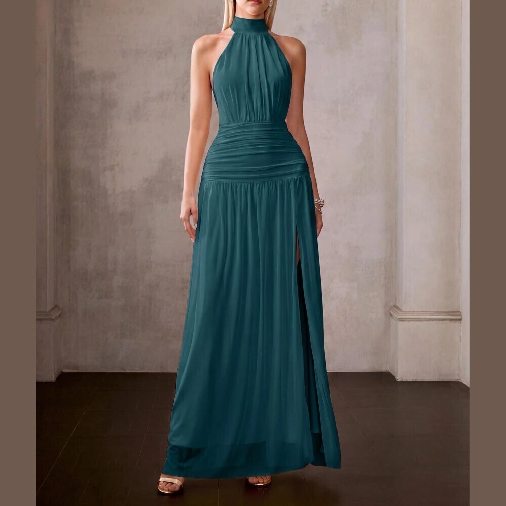 Teal Mesh Halter Neck Ruched Waist High Slit Maxi Dress